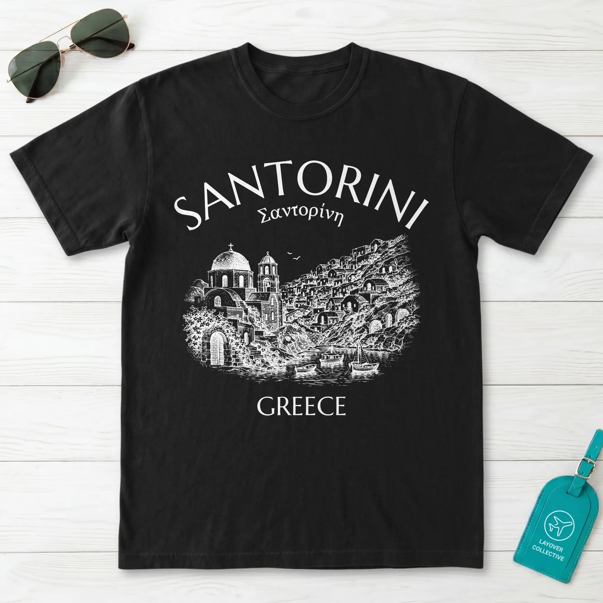 Santorini Greece Village Vintage Sketch Graphic T-Shirt