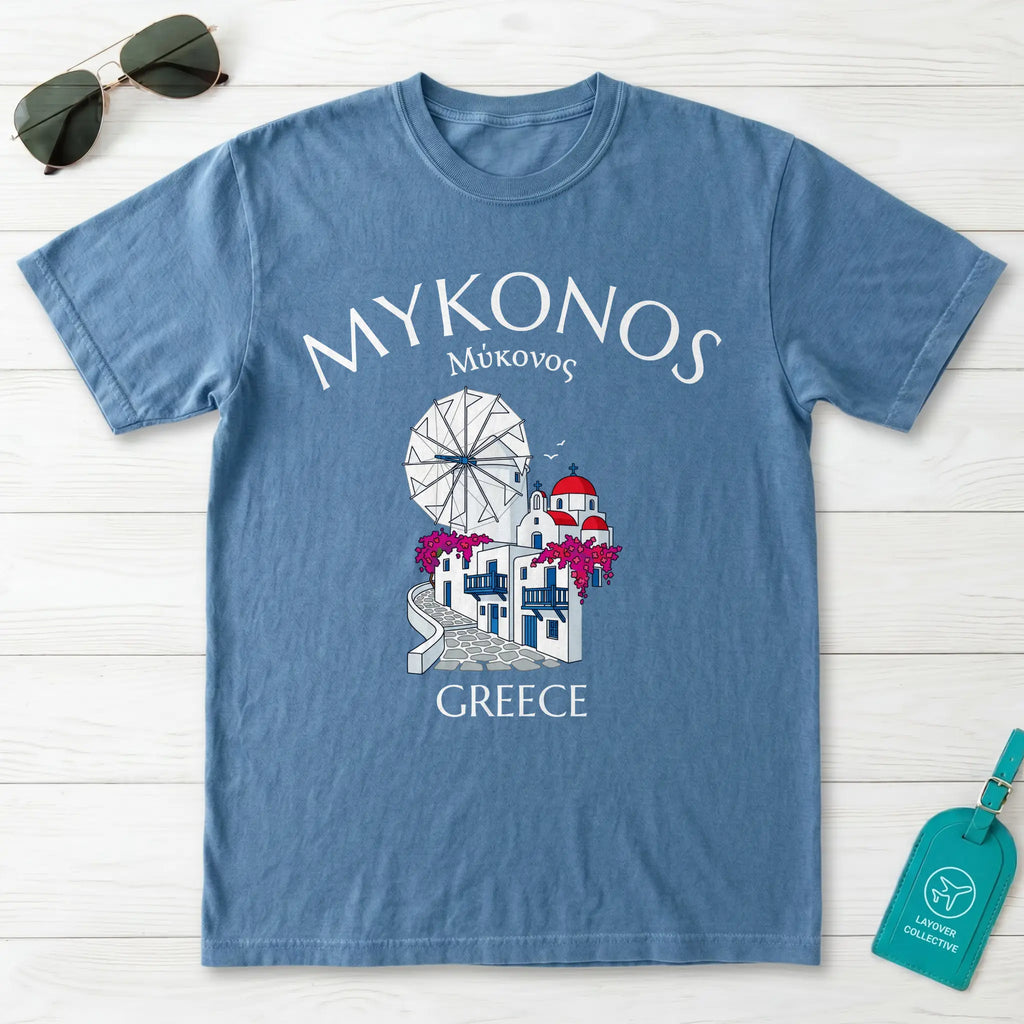 Mykonos Greece Windmill and Village Graphic T-Shirt