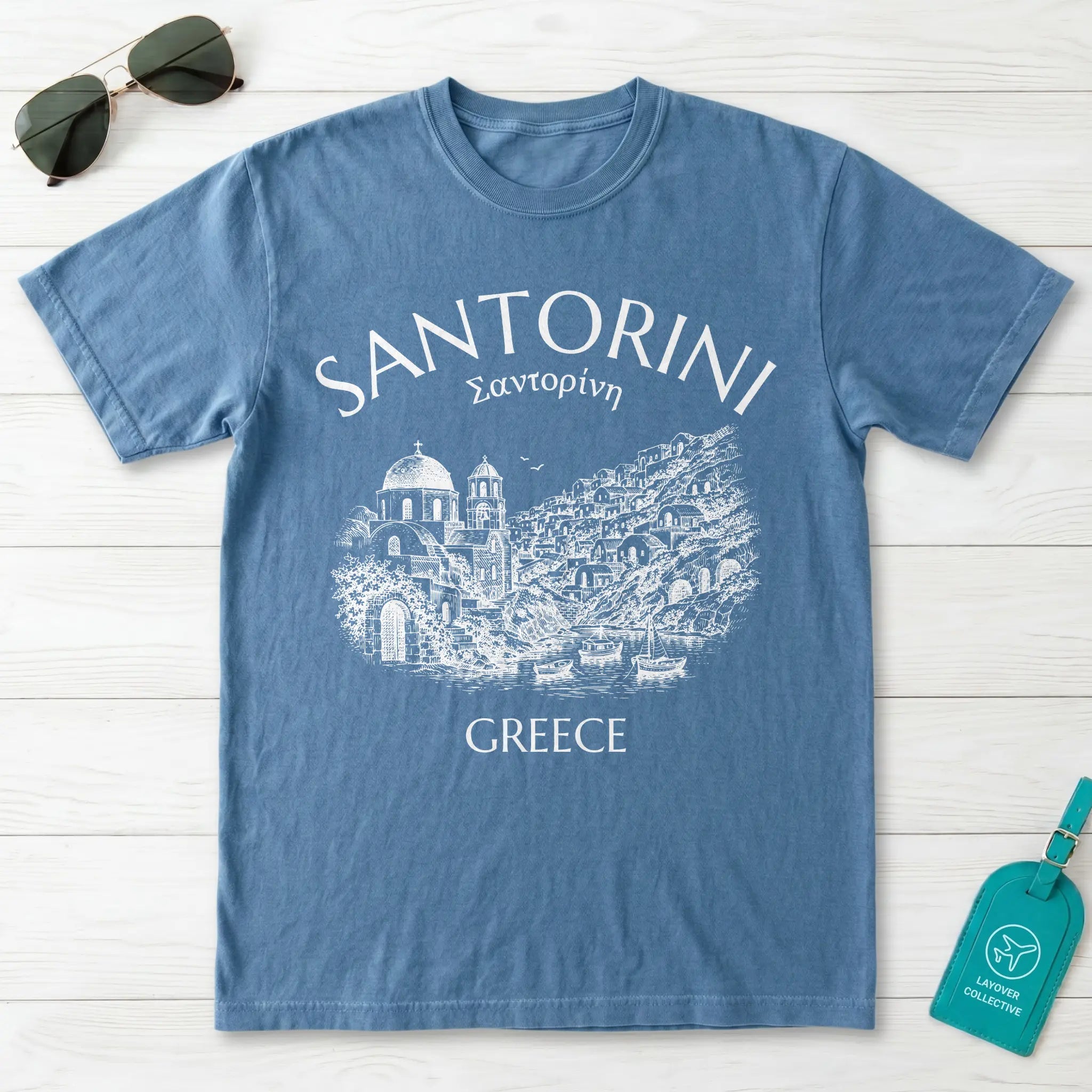 Santorini Greece Village Vintage Sketch Graphic T-Shirt