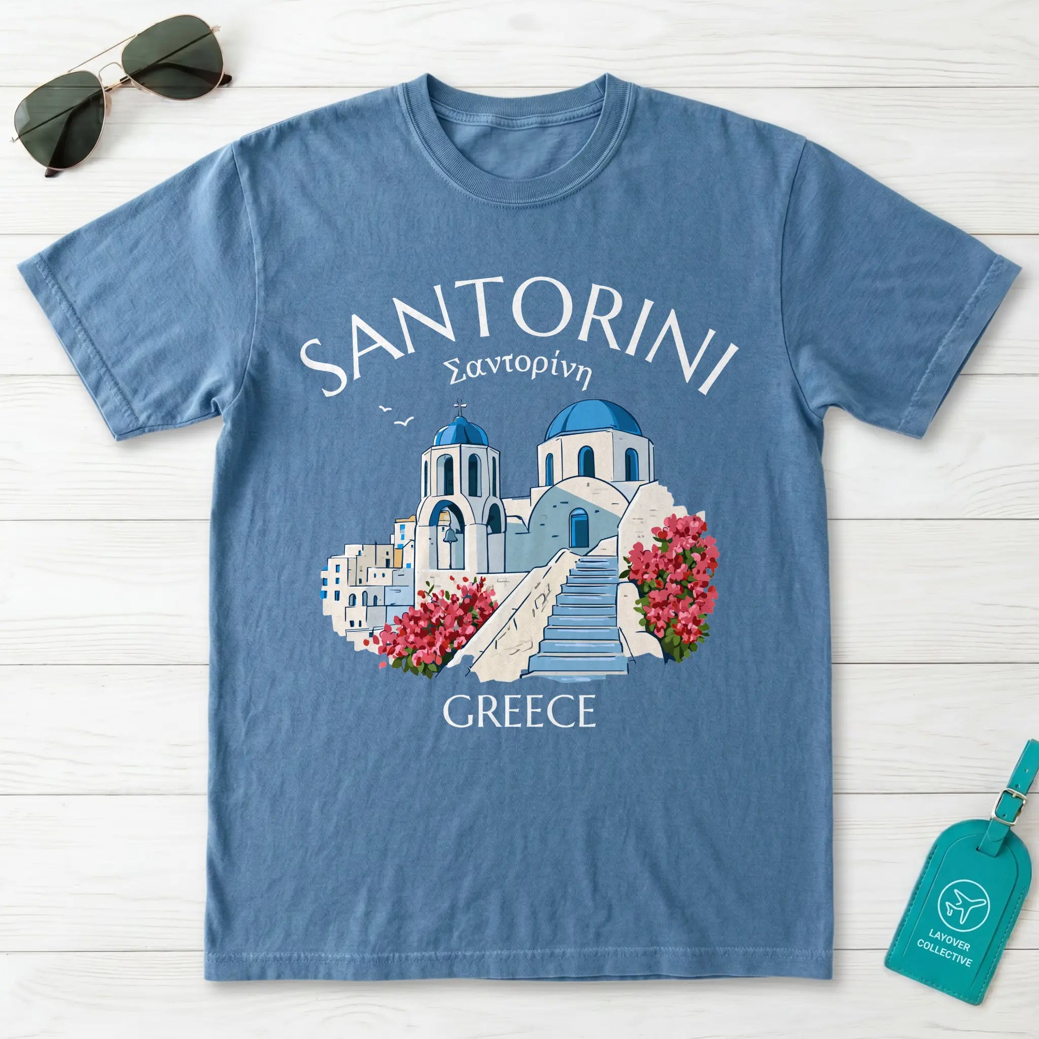 Santorini Greece Blue Dome Church Graphic T-Shirt