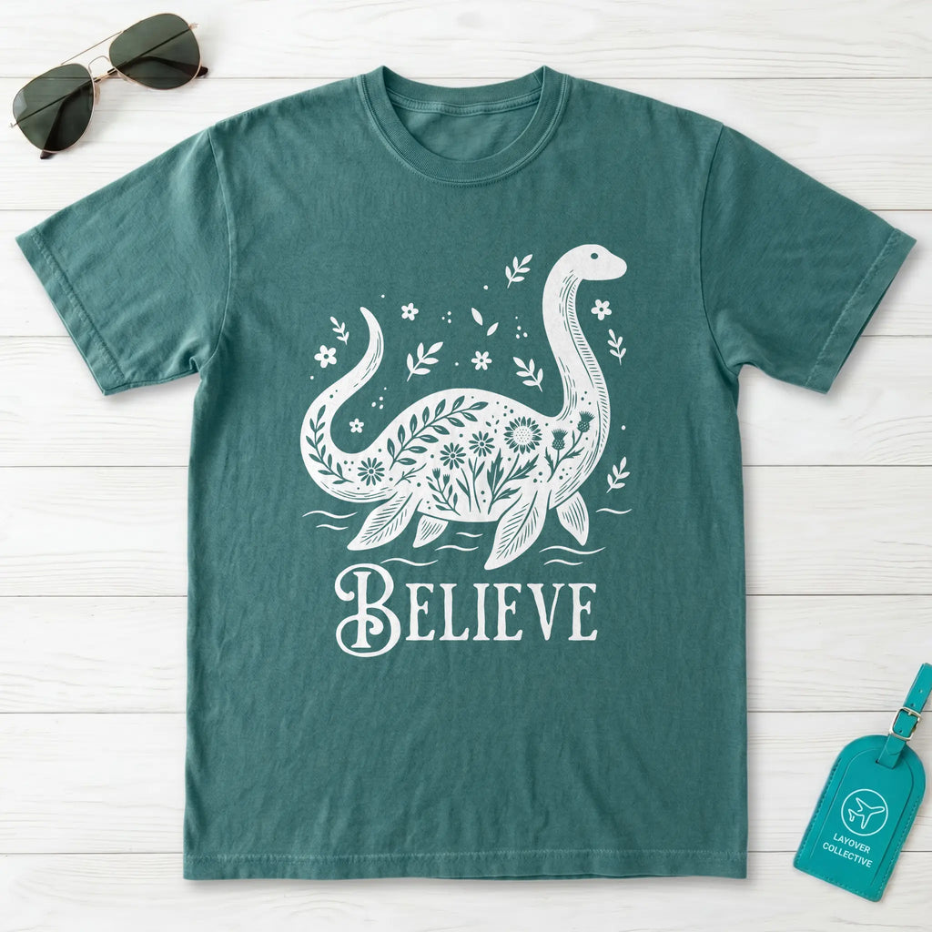 Nessie Believe Floral Folk Art T-Shirt