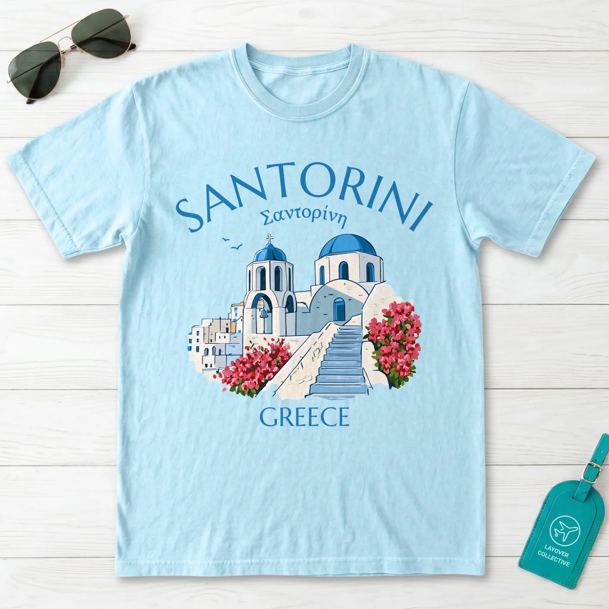Santorini Greece Blue Dome Church Graphic T-Shirt