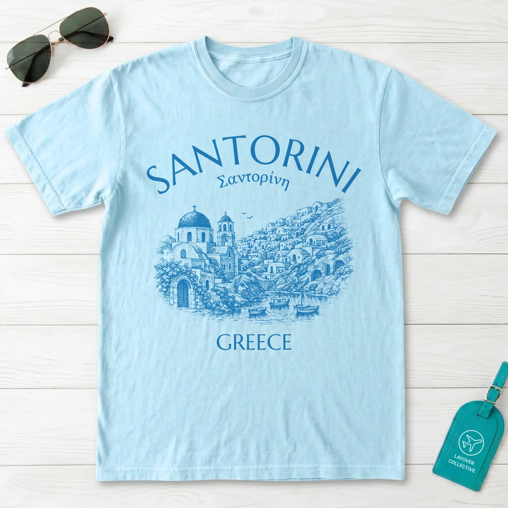 Santorini Greece Village Vintage Sketch Graphic T-Shirt