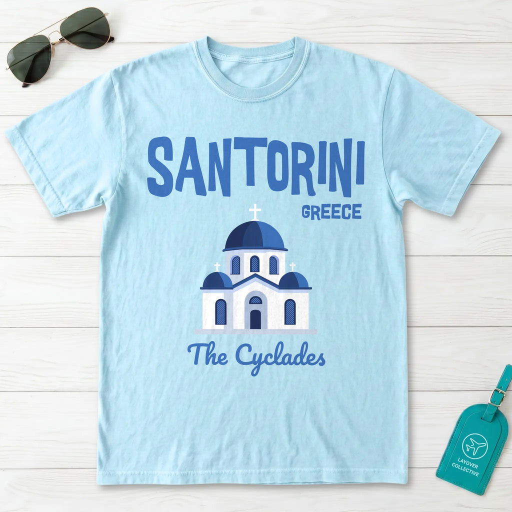 Santorini Greece Blue Dome Church Graphic T-Shirt