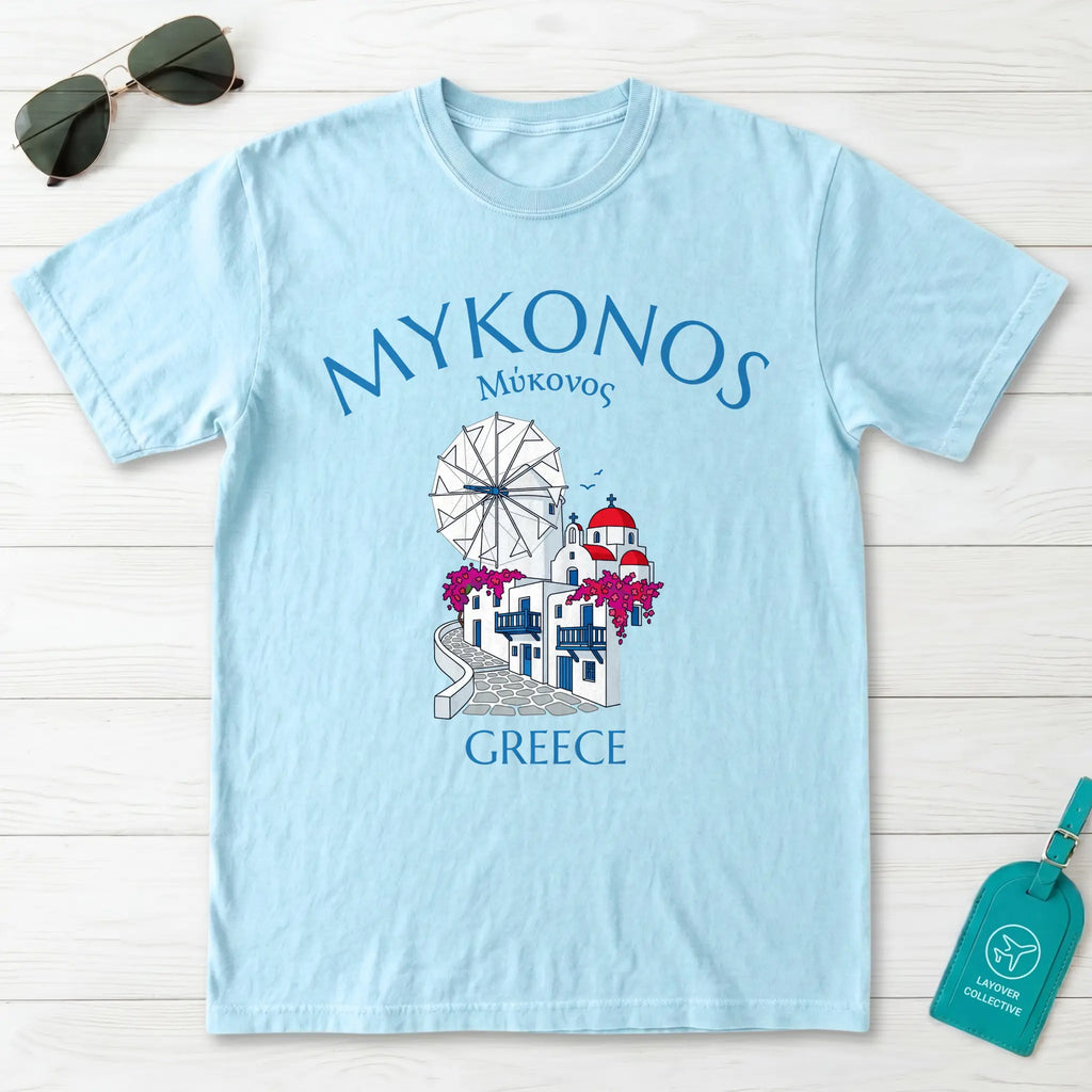 Mykonos Greece Windmill and Village Graphic T-Shirt