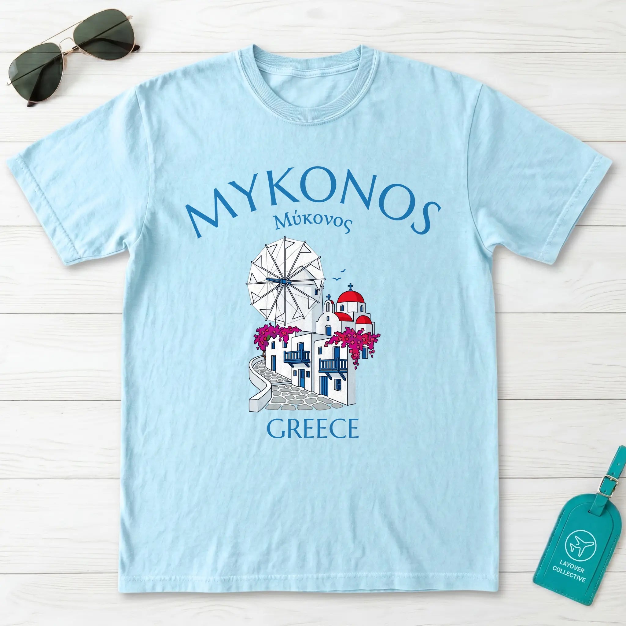 Mykonos Greece Windmill and Village Graphic T-Shirt