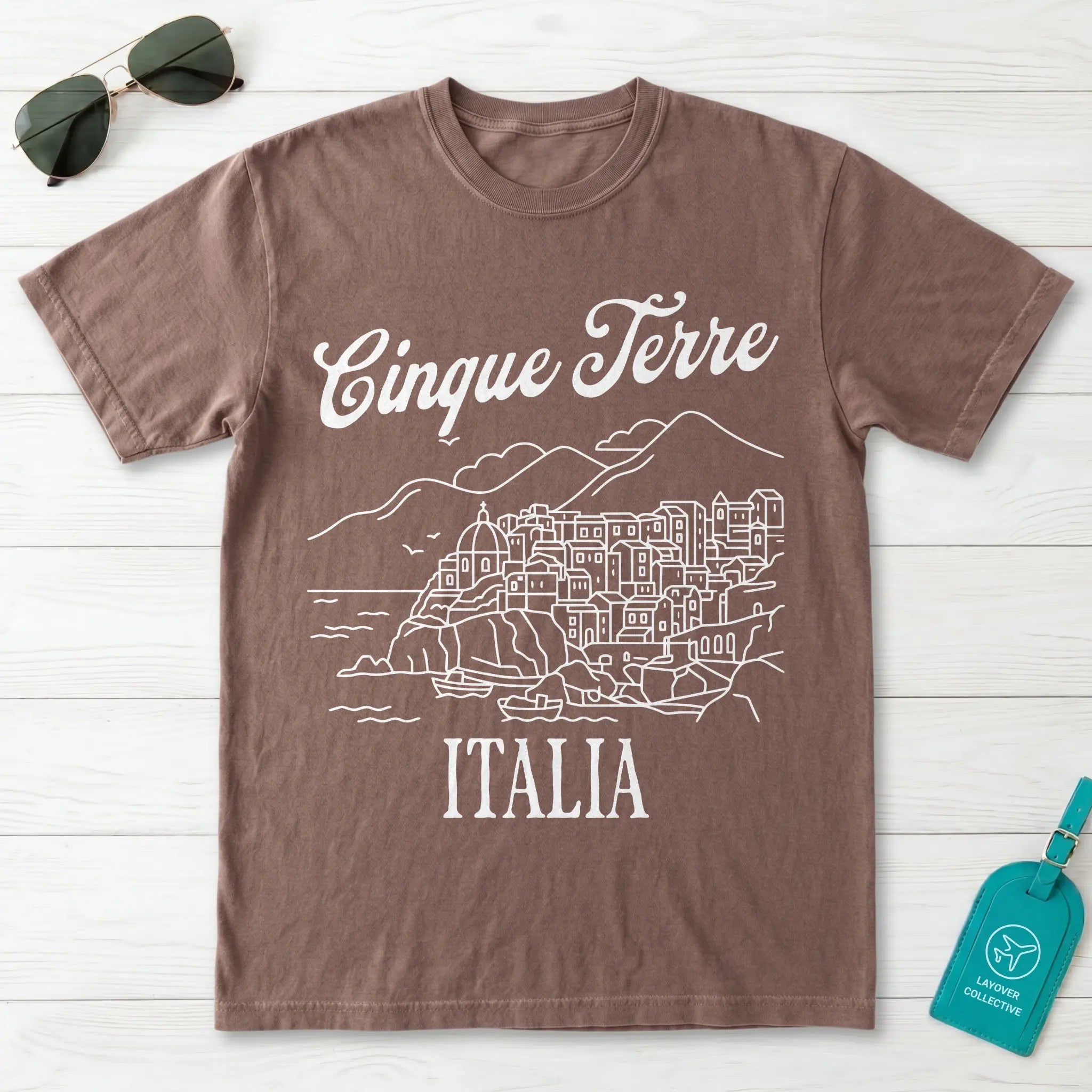 Cinque Terre Italia Line Art Sketch Coastal Village Graphic T-Shirt
