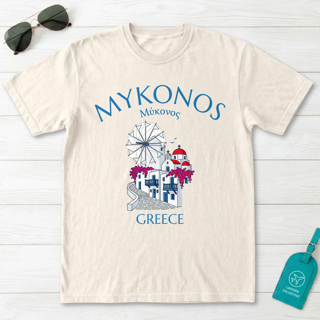 Mykonos Greece Windmill and Village Graphic T-Shirt