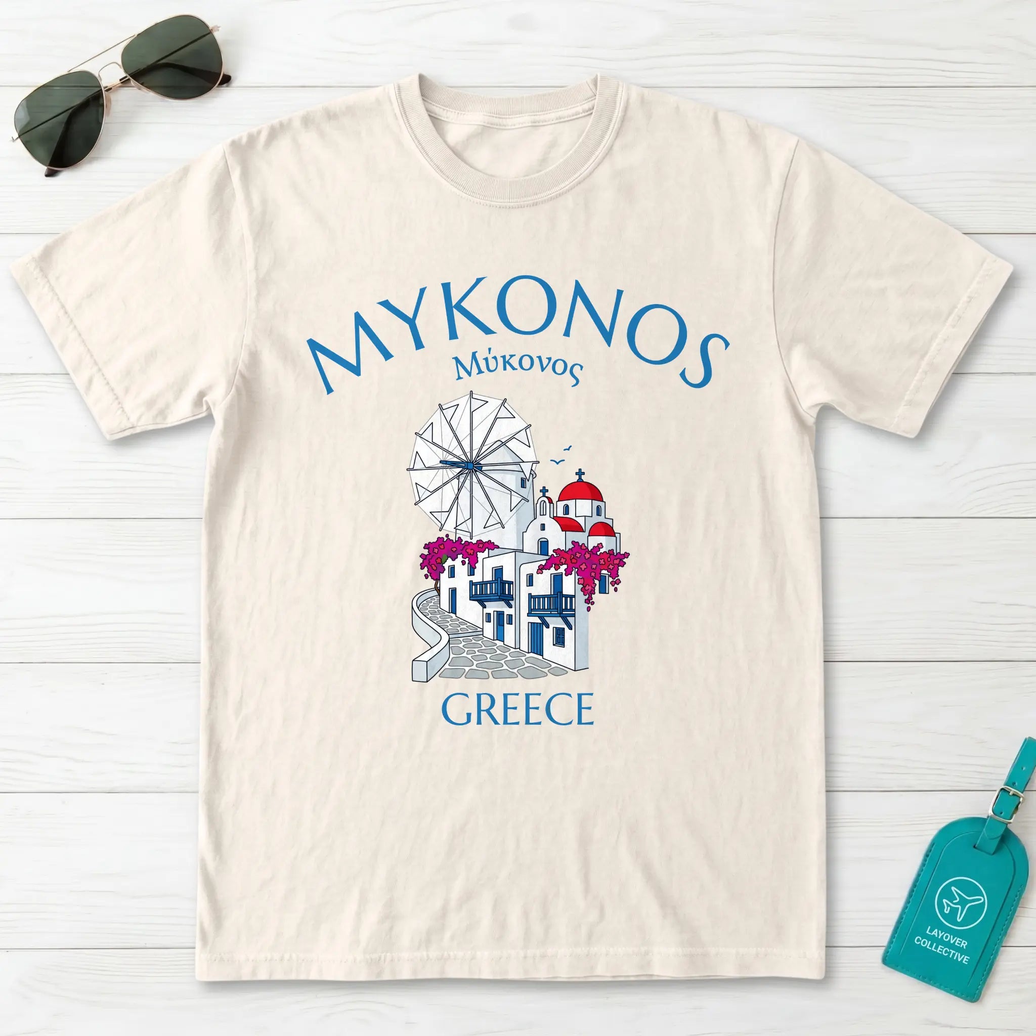 Mykonos Greece Windmill and Village Graphic T-Shirt