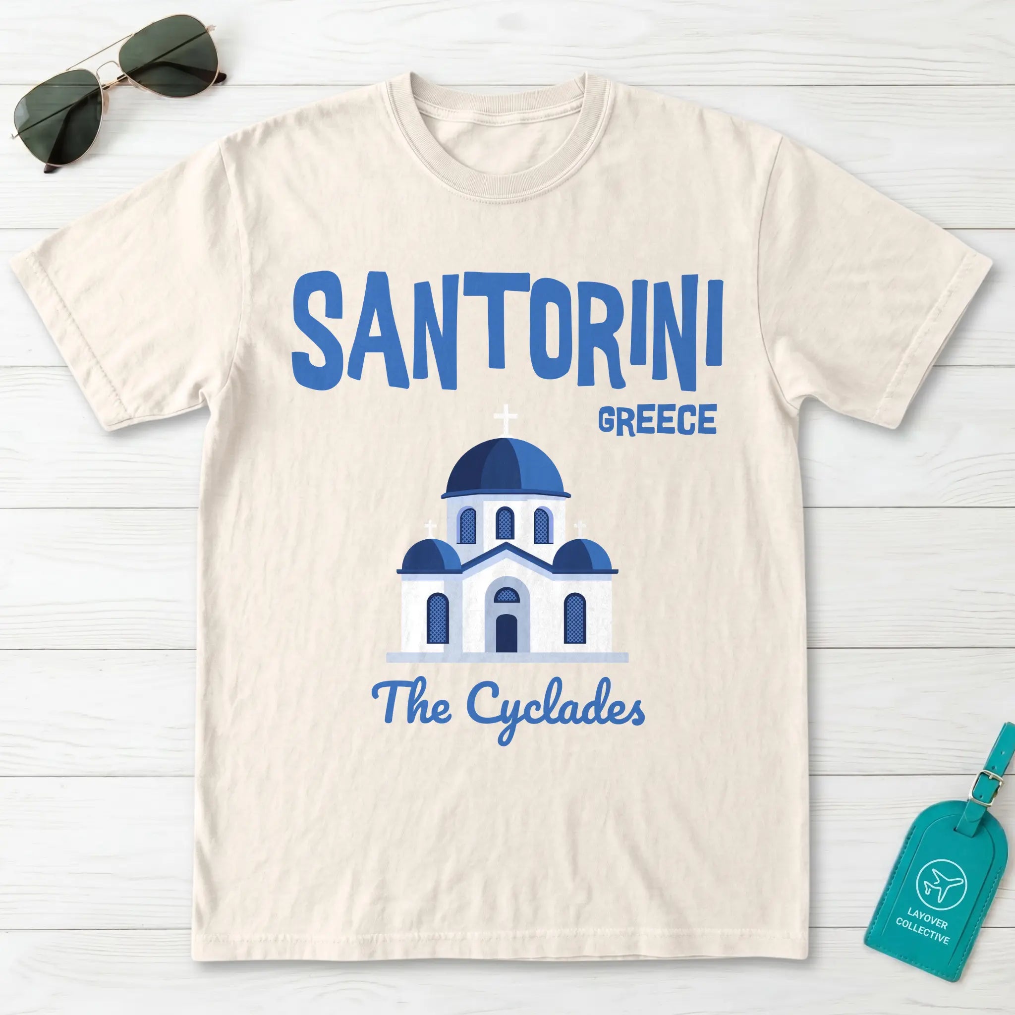Santorini Greece Blue Dome Church Graphic T-Shirt