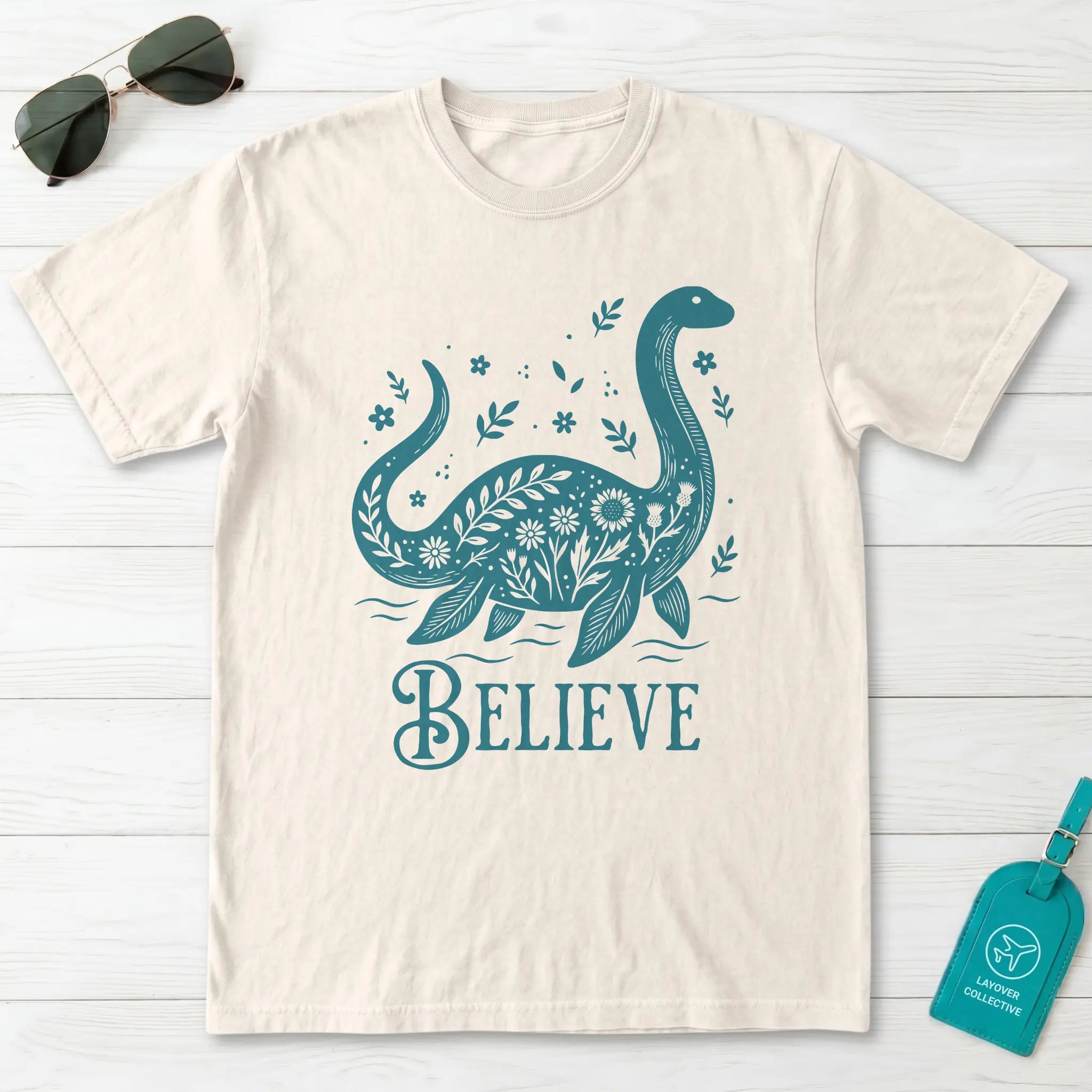 Nessie Believe Floral Folk Art T-Shirt