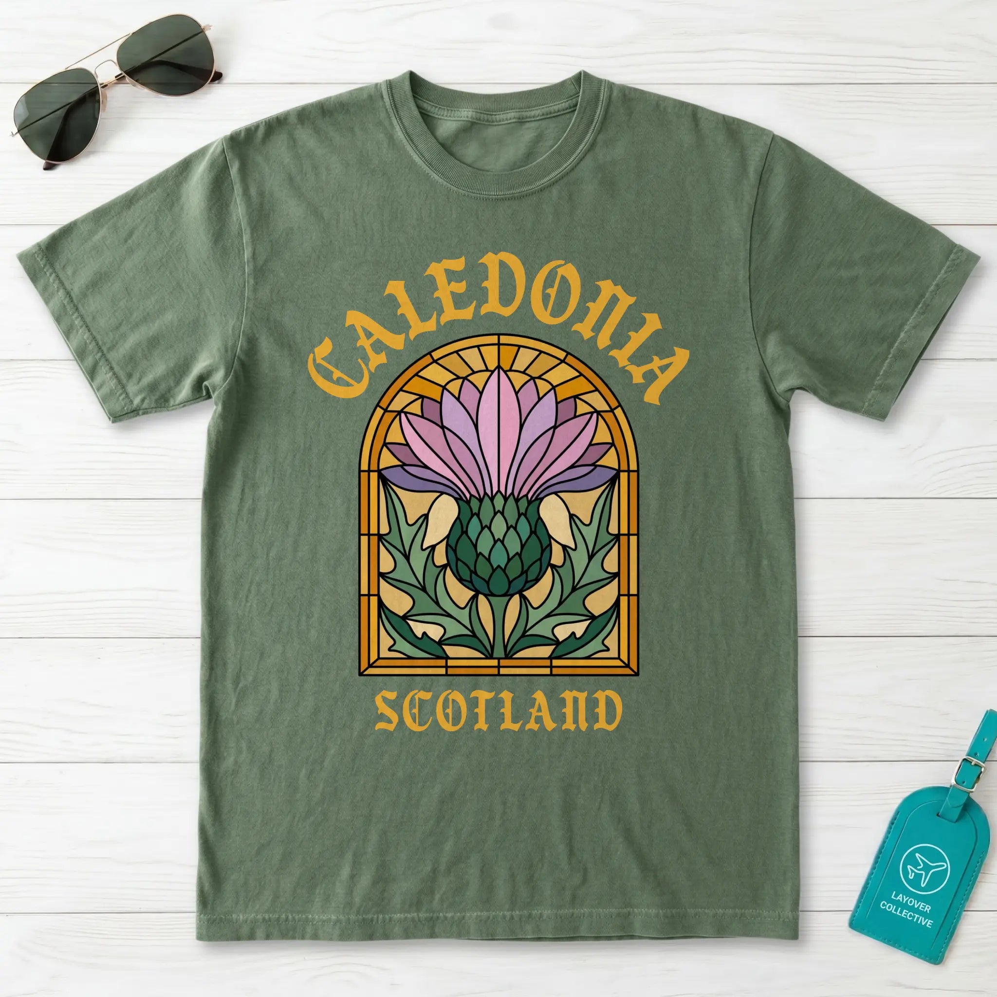 Caledonia Scotland Stained Glass Thistle T-Shirt