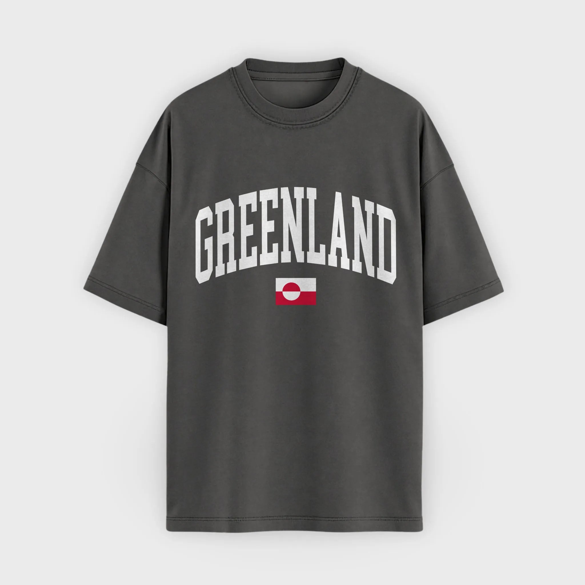 Gray t-shirt with 'GREENLAND' text and flag on a white background