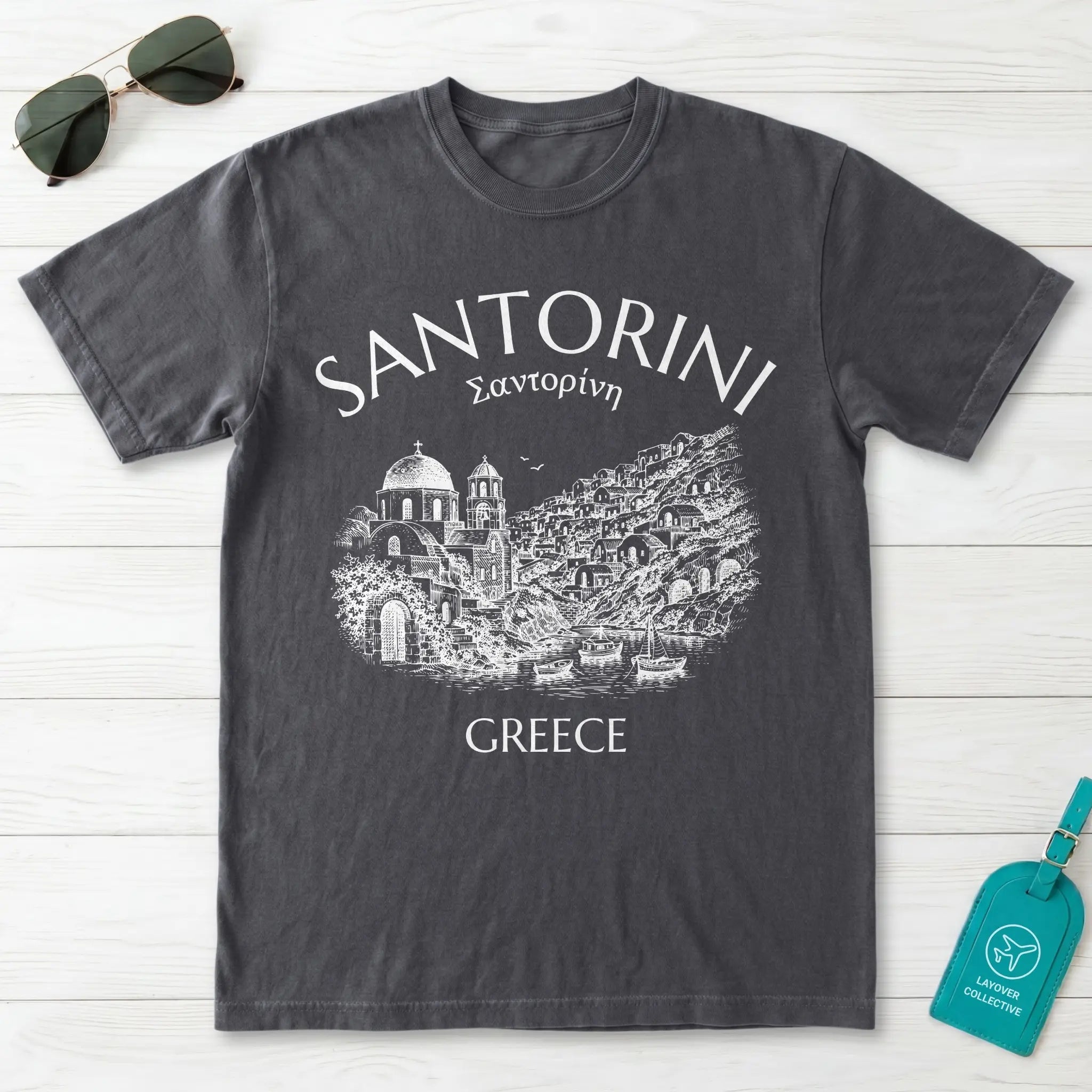 Santorini Greece Village Vintage Sketch Graphic T-Shirt
