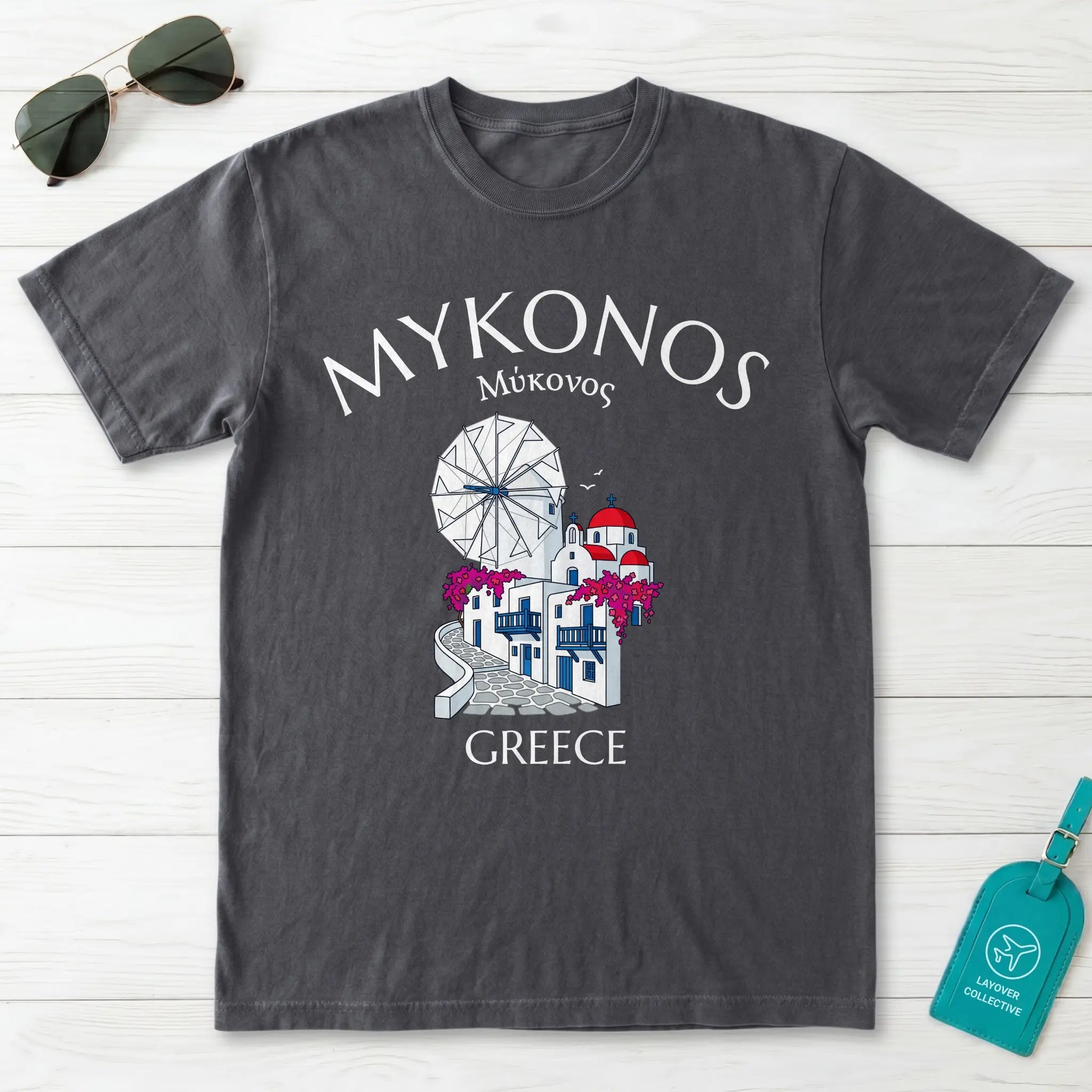 Mykonos Greece Windmill and Village Graphic T-Shirt