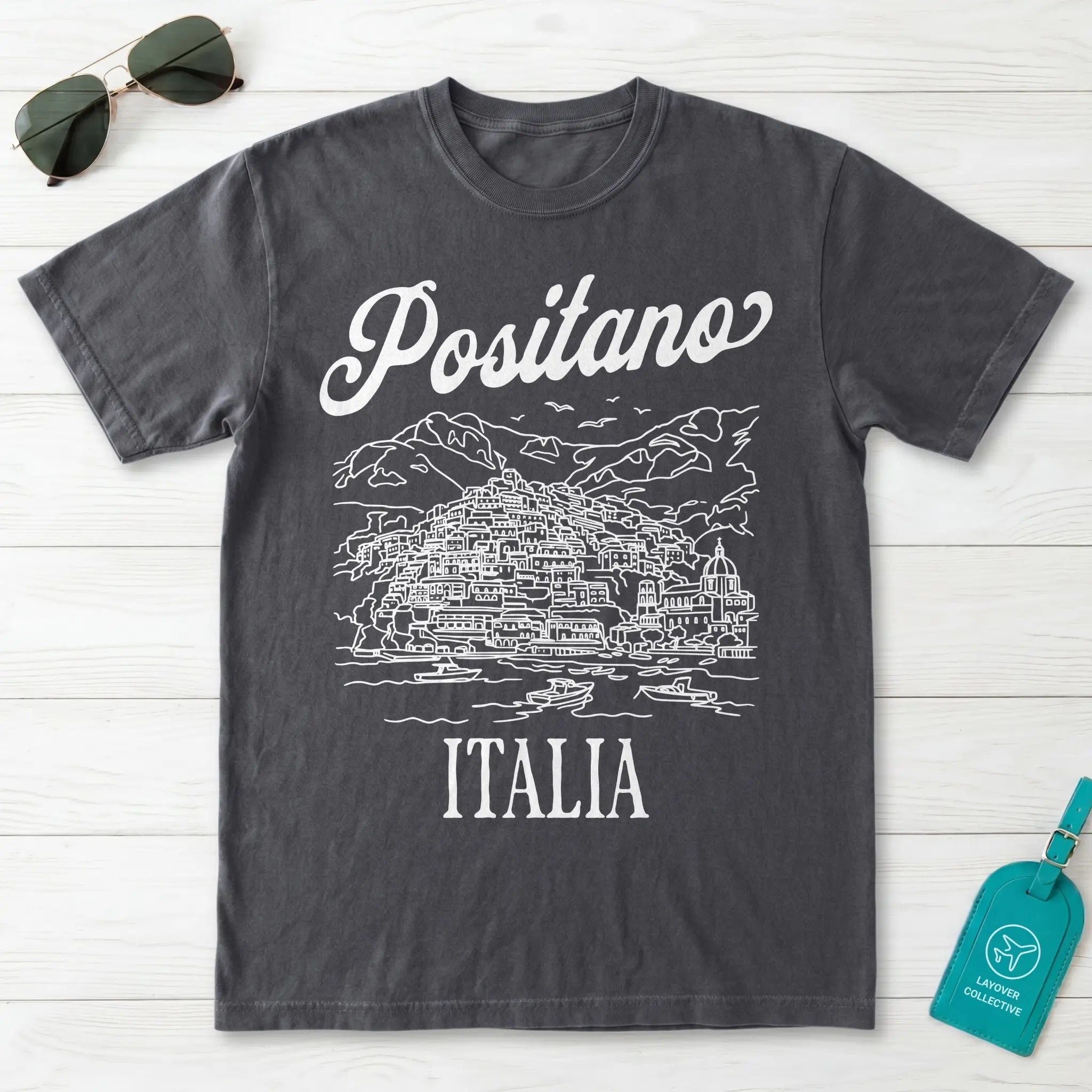 Positano Italia Line Art Sketch Amalfi Coast Graphic T-Shirt