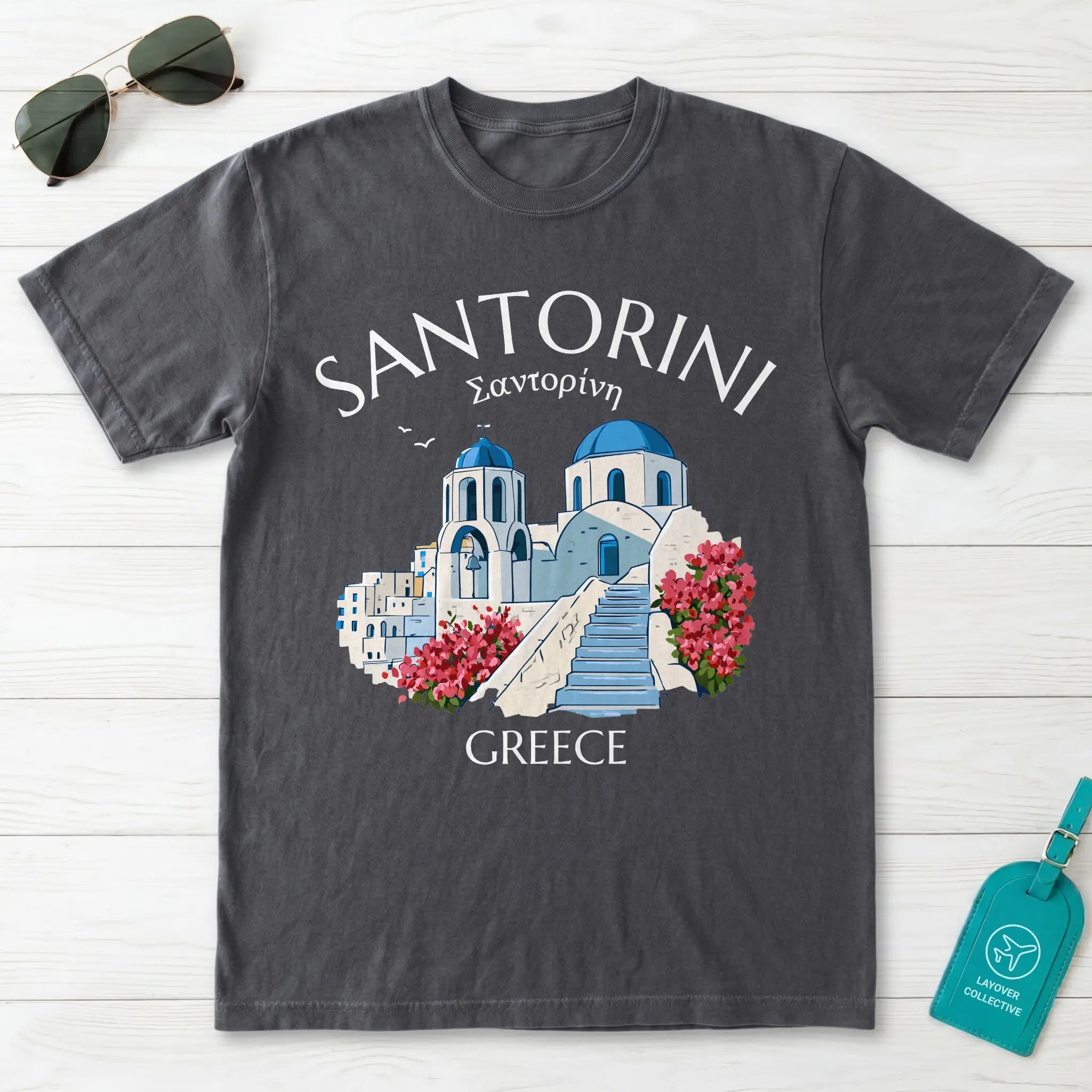 Santorini Greece Blue Dome Church Graphic T-Shirt