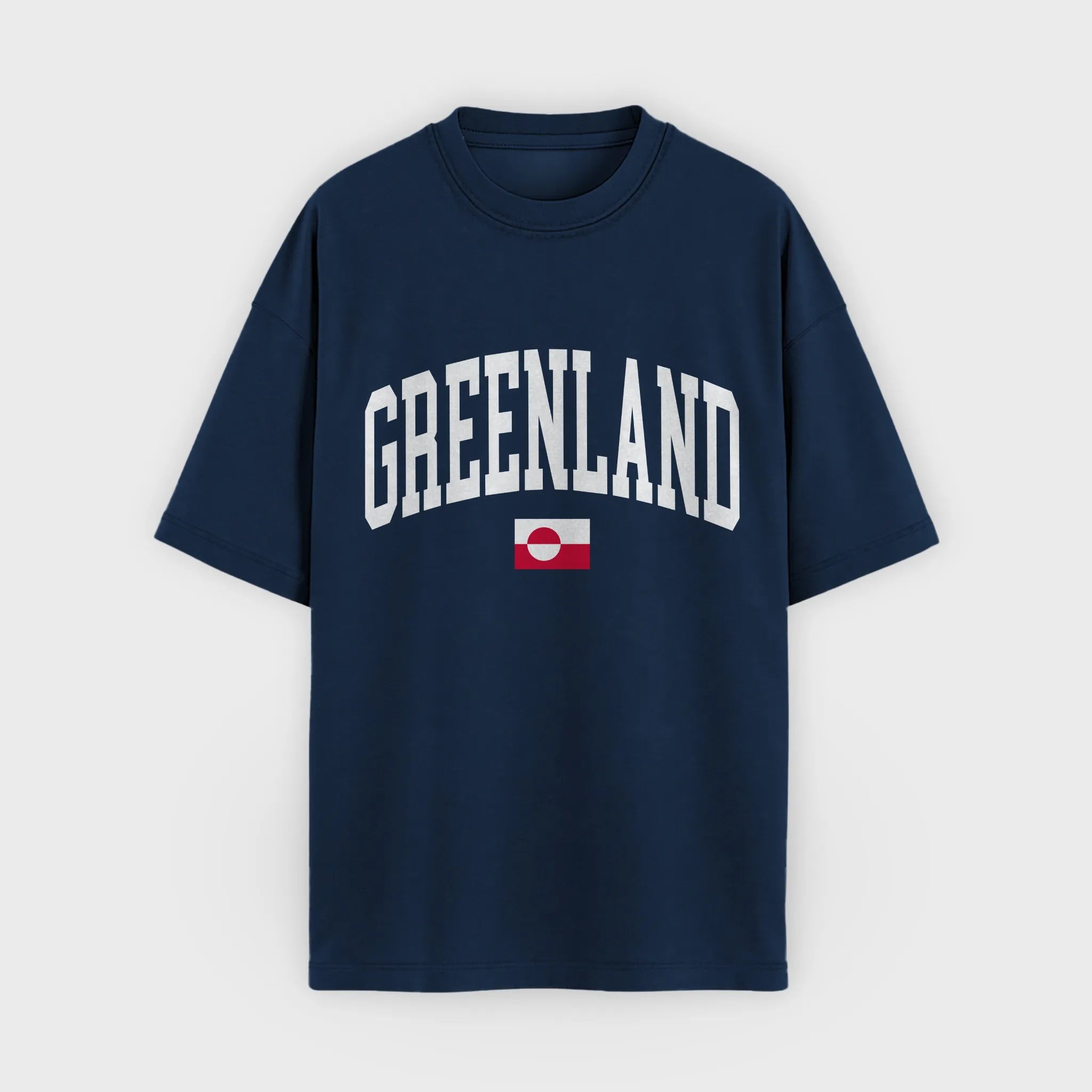 Navy blue t-shirt with 'GREENLAND' text and flag on a white background