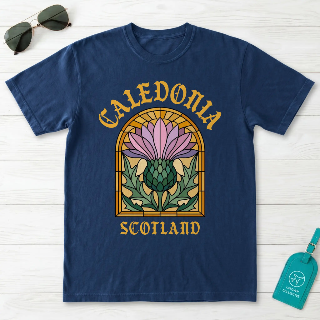 Caledonia Scotland Stained Glass Thistle T-Shirt