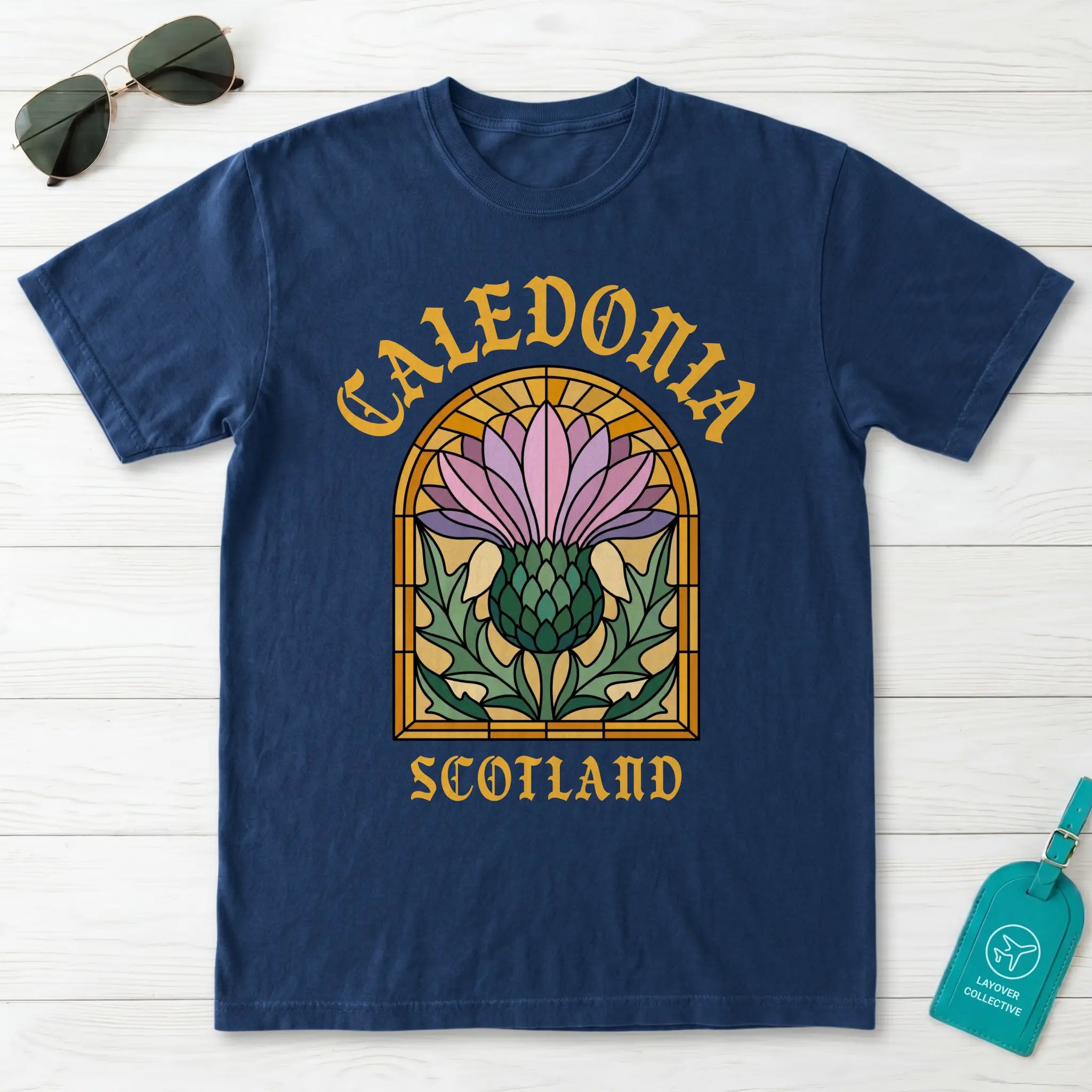 Caledonia Scotland Stained Glass Thistle T-Shirt