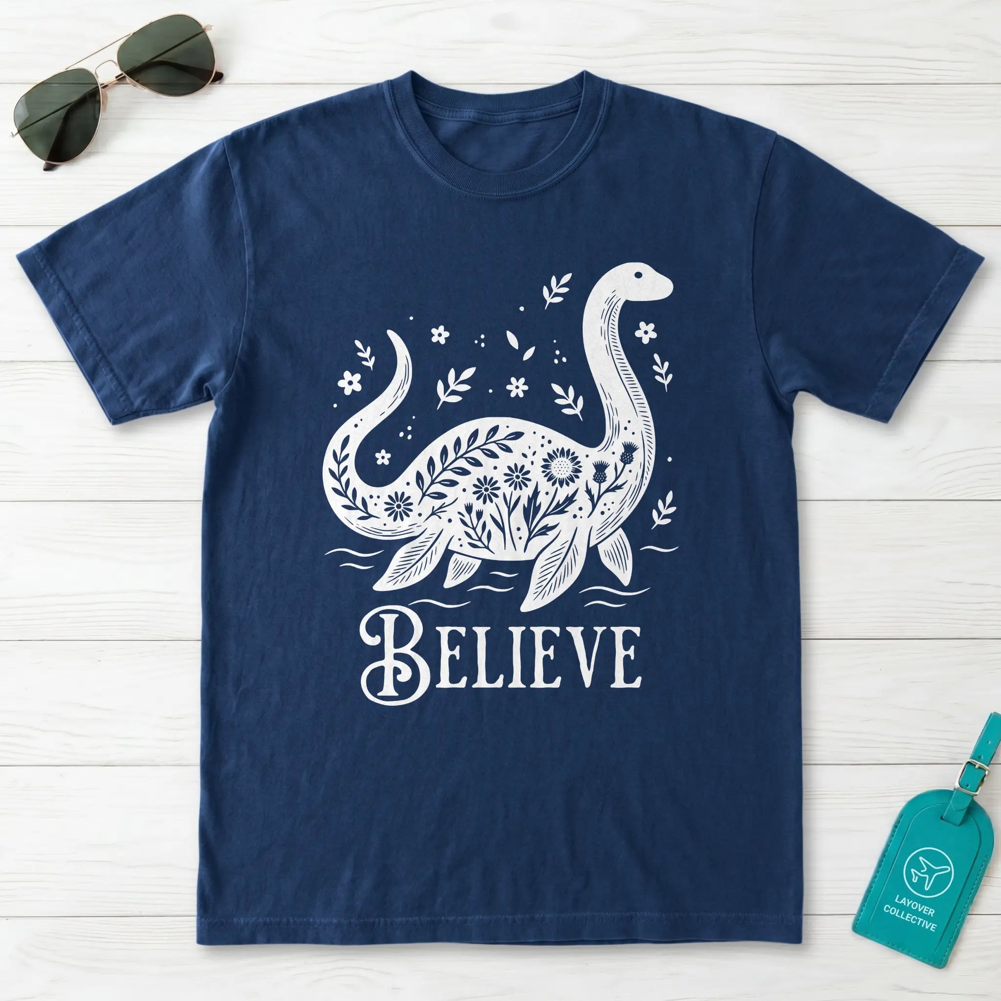 Nessie Believe Floral Folk Art T-Shirt
