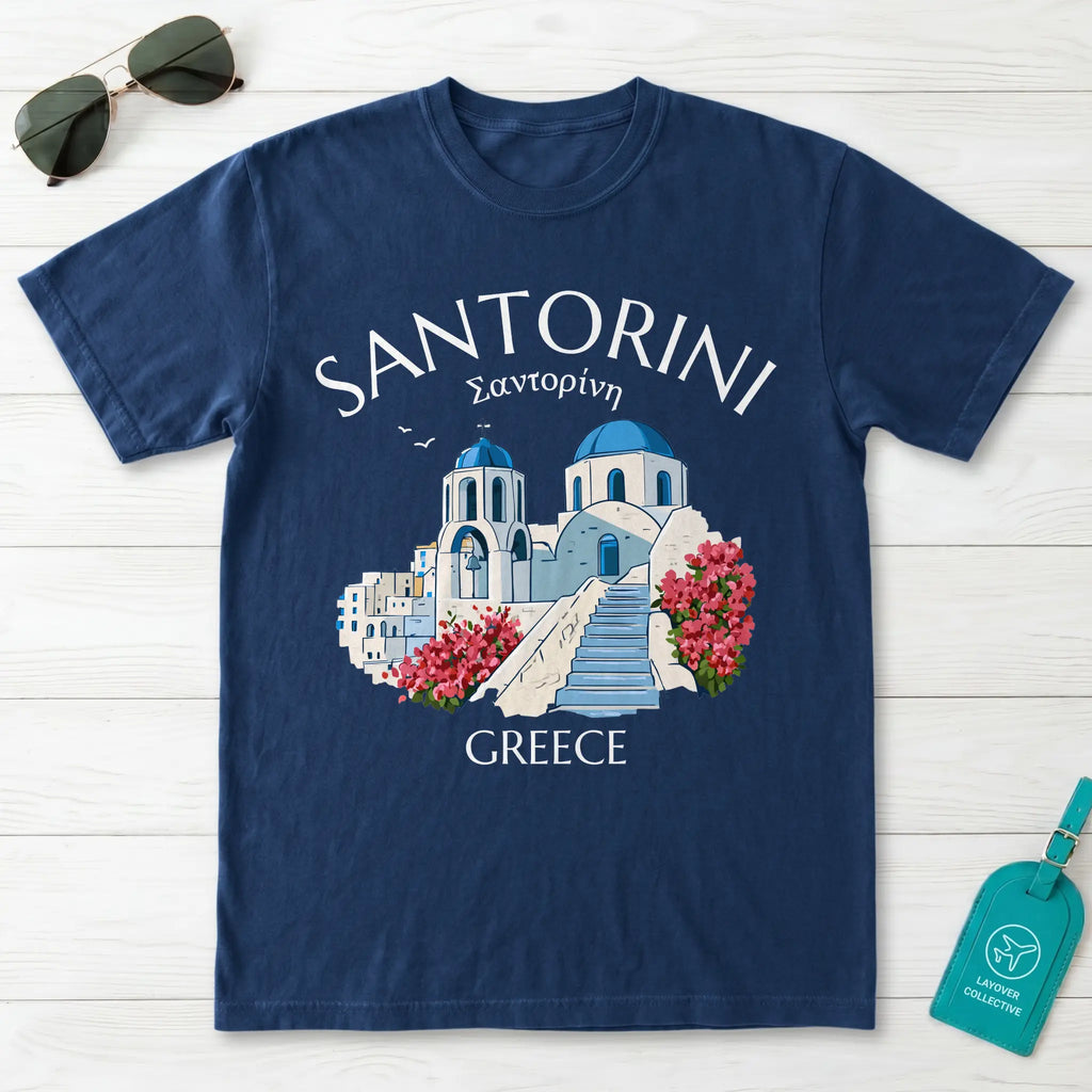 Santorini Greece Blue Dome Church Graphic T-Shirt