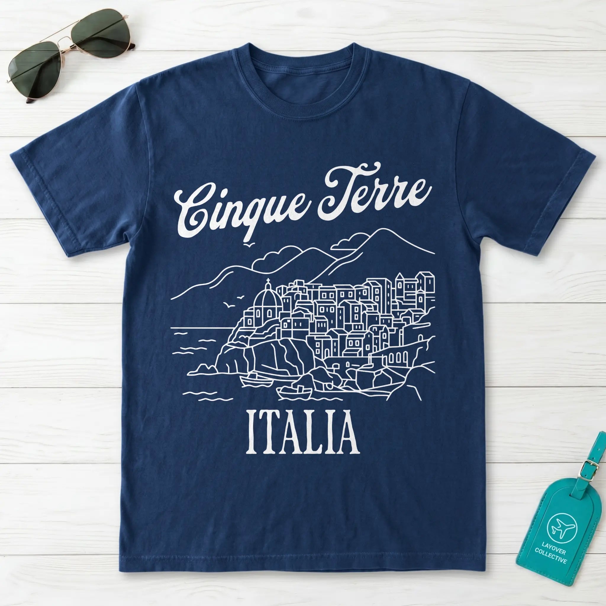 Cinque Terre Italia Line Art Sketch Coastal Village Graphic T-Shirt