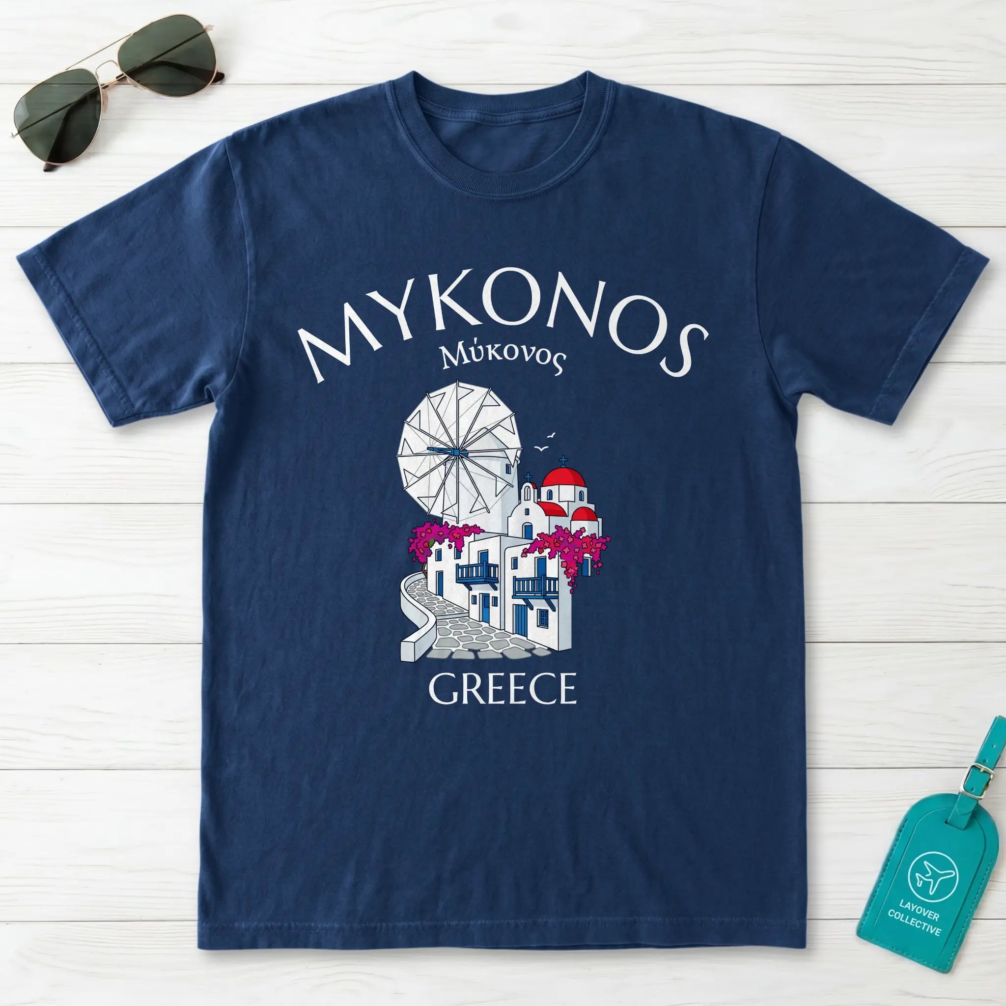 Mykonos Greece Windmill and Village Graphic T-Shirt