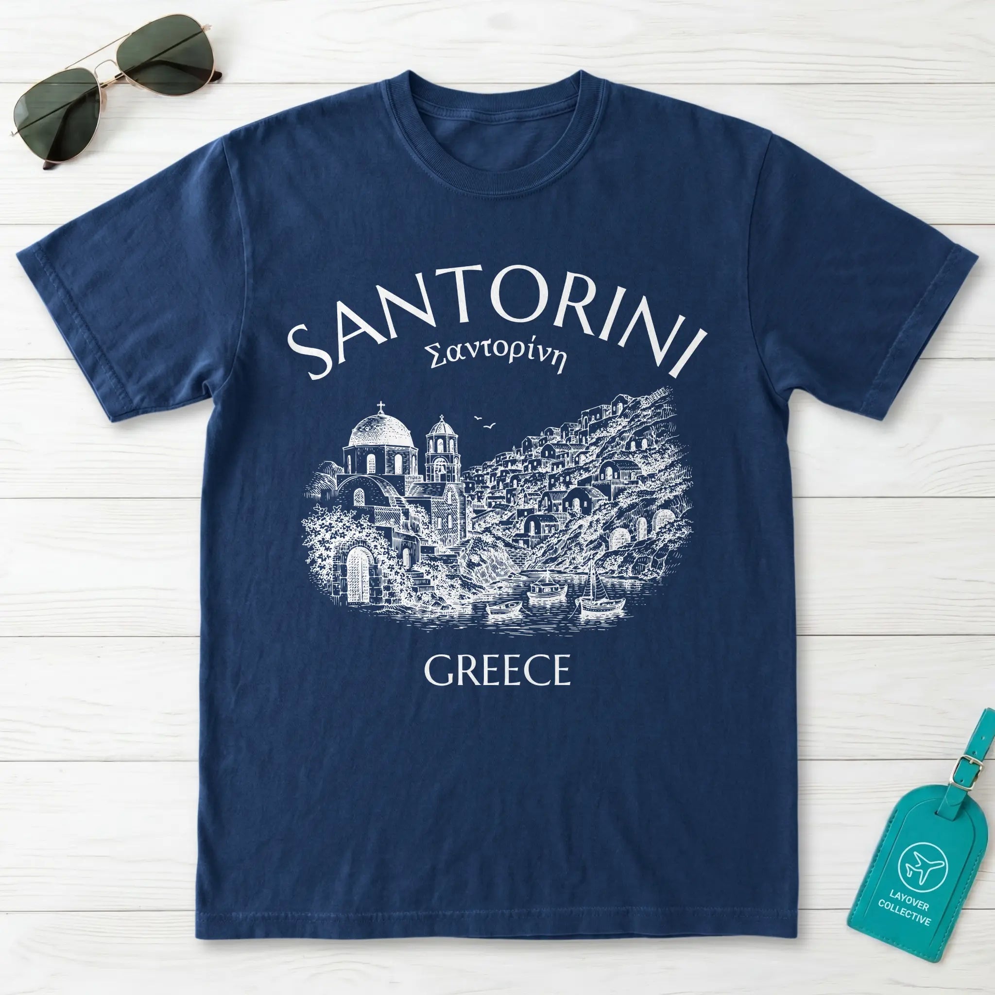 Santorini Greece Village Vintage Sketch Graphic T-Shirt
