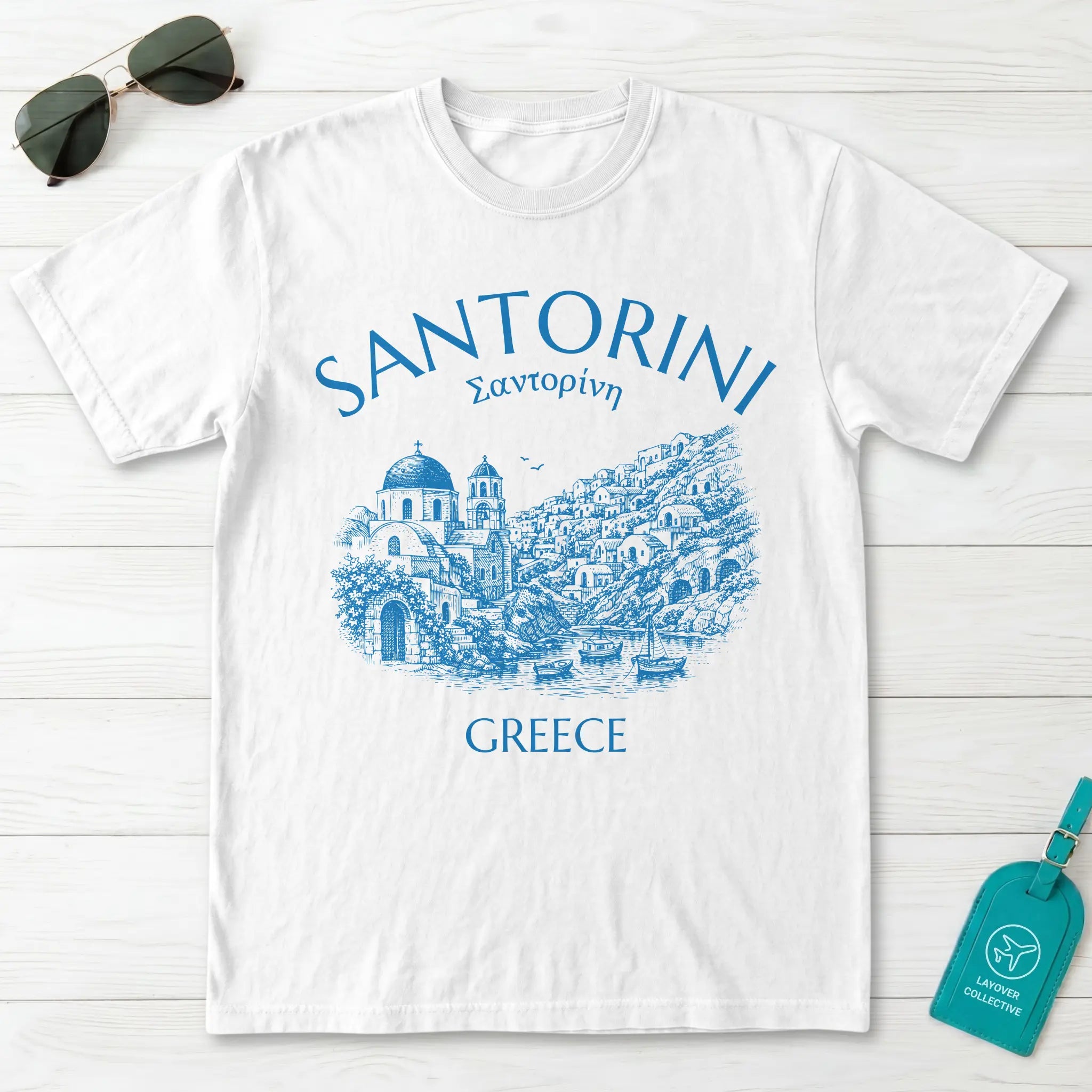 Santorini Greece Village Vintage Sketch Graphic T-Shirt